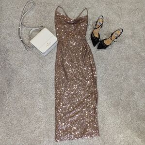 Windsor Sparkling Sequin Midi Dress in Brown